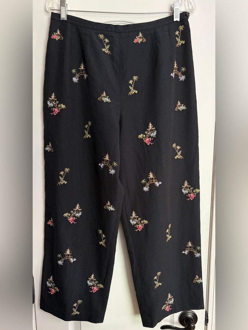 Y2K Talbots Silk Blend Embroidered Wide-Leg Chinoiserie Trousers 12 EUC Luxury